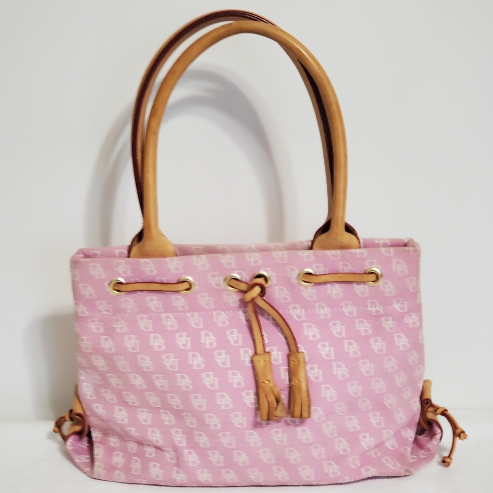 Dooney & Bourke Signature Pink Canvas Tan Vachetta Leather Tassel Purse